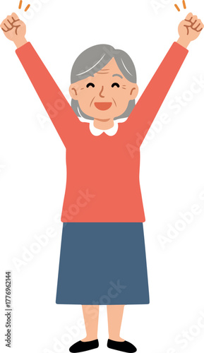 Elderly Woman Jubilant Pose Coral Shirt Blue Skirt White Background