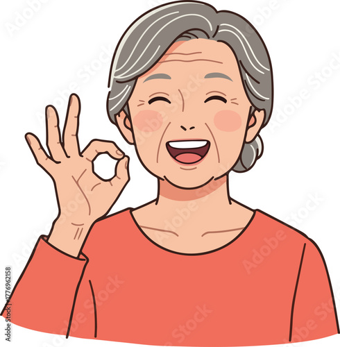 Elderly Woman Smiling OK Gesture Coral Top Joyful Expression Peach Skin