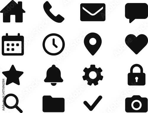 A versatile minimal 16-icon collection of general-purpose everyday icons. Includes home, phone, mail, chat bubble, calendar, clock, location pin, heart, star, bell, gear, lock, search, folder, check m