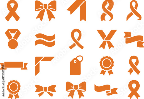 A solid flat color 16-icon set featuring various ribbons and bow concepts. Includes awareness ribbon, gift bow, folded ribbon, curled ribbon, medal ribbon, wavy ribbon, looped ribbon, double ribbon, b