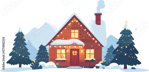 A cozy, festive illustration of a house decorated for Christmas, with snow and trees.