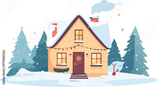 Cozy house decorated for Christmas with snow-covered trees and a festive atmosphere.