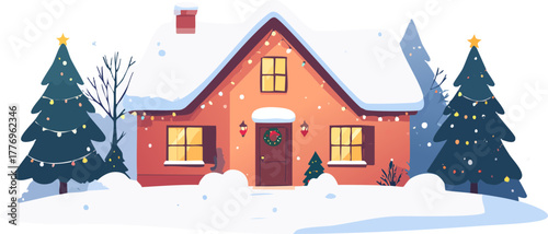 A cozy winter scene featuring a snow-covered house decorated for Christmas with festive lights and trees.