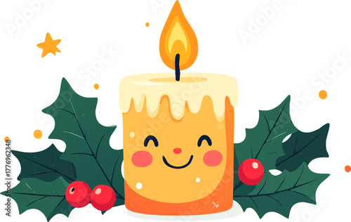 A cute cartoon Christmas candle with a smiling face surrounded by holly leaves and berries.