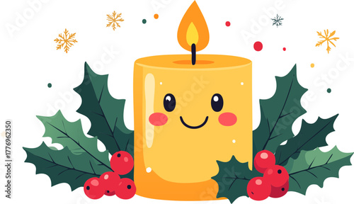 Cute cartoon yellow candle with a happy face, surrounded by festive holly leaves, red berries, and snowflakes, evoking a warm holiday spirit.