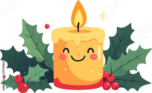 A cheerful candle with a smiling face, surrounded by holly leaves and red berries, festive and bright.