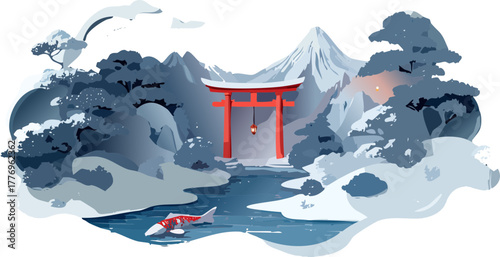 A serene landscape featuring a red torii gate, snow-covered mountains, and a koi fish swimming in a river.