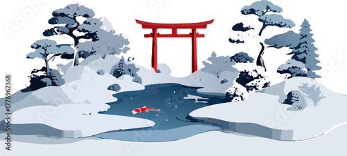 Animated Japanese winter landscape with a red torii gate and koi fish swimming in a frozen pond under falling snow.