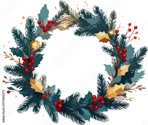 A beautiful and festive Christmas wreath adorned with pine needles, holly leaves, and red berries, perfect for holiday decorations.