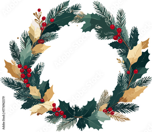 Festive watercolor Christmas wreath with evergreen branches, red berries, and golden leaves on a white background.