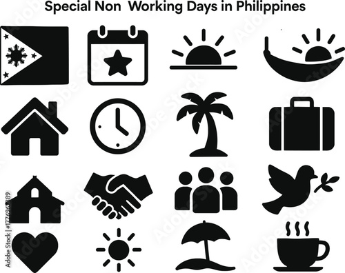 16 Special Non-Working Day Solid Black Silhouette Icons Set of the Philippines on White Background