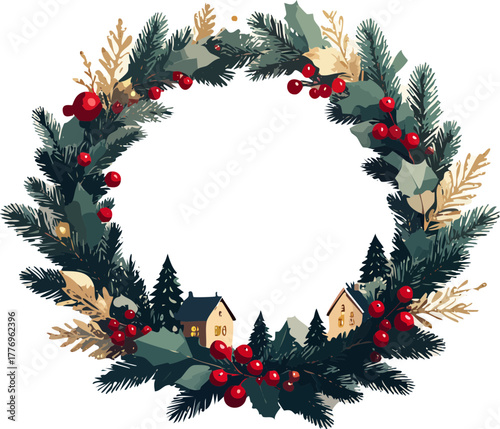 Festive Christmas wreath illustration with red berries, green leaves, and small houses in the center.