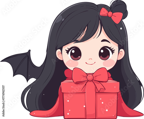 Cute chibi girl with bat wings holding a red gift box with a bow.