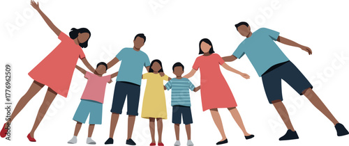 Family of Six Dancing Together Blue Coral Yellow Outfits