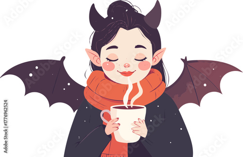 A charming illustration of a person with devilish features enjoying a warm beverage.