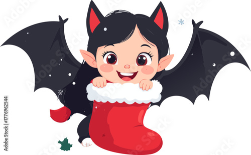 Cute cartoon bat girl with Christmas stocking and wings.