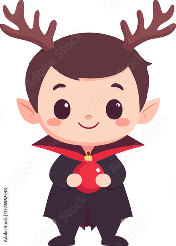 A cute cartoon boy in a vampire costume with reindeer antlers holding a red Christmas ornament.