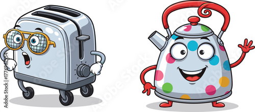 Funny cartoon toaster and kettle with human faces, kitchen appliance characters, smiling kettle, surprised toaster, cute anthropomorphic design, vector illustration
