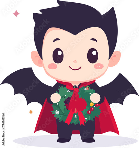 Cute cartoon vampire holding a Christmas wreath with a red bow.