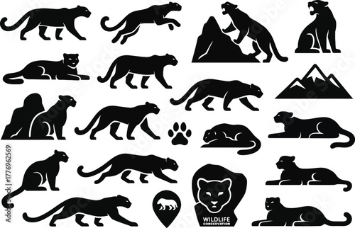 16 Snow Leopard Silhouette Icons of India on White Background