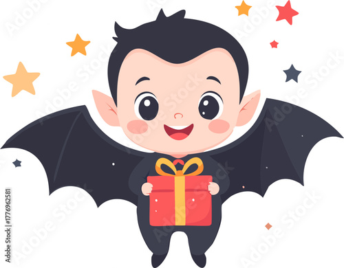 Cute cartoon vampire baby with bat wings holding a red gift box, smiling happily.