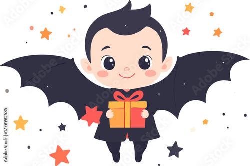 Cute cartoon boy dressed as a bat holding a gift box surrounded by stars.