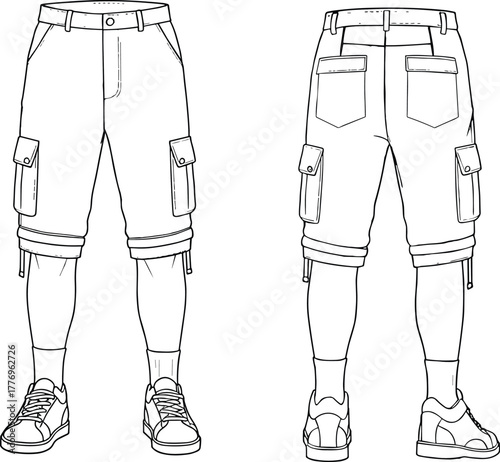 Front and back view, cargo shorts design, knee-length, flap pockets, drawstring hem, fashion illustration, garment construction, casual wear, menswear