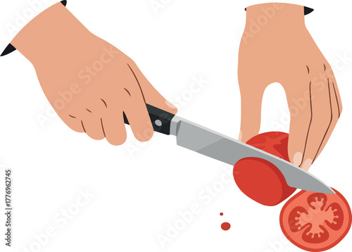 Flat Design Hands Chopping Tomato Slice Isolated Object White Background