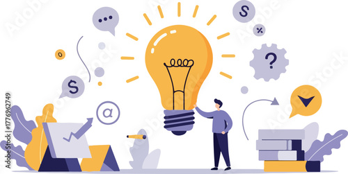 Flat Design Idea Generation With Glowing Bulb And Person