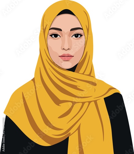 Flat Design Muslim Woman Yellow Hijab Black Outfit Minimal Illustration White Background