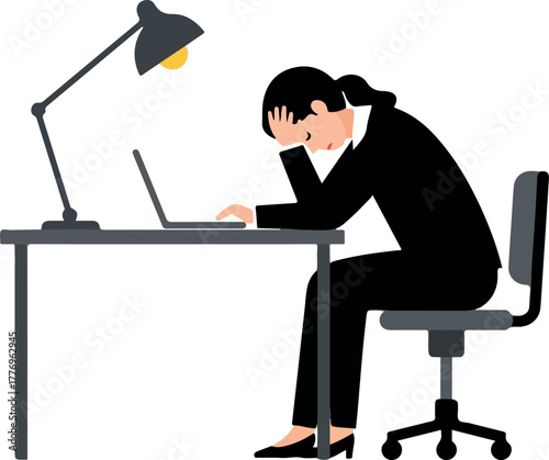 Frustrated Woman In Black Suit Working Late At Desk With Laptop