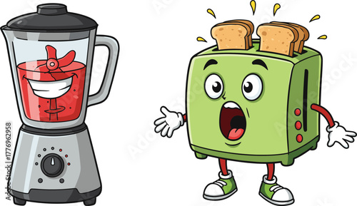 Funny cartoon blender and toaster characters, kitchen appliance illustration, anthropomorphic design, food humor, vector art, quirky breakfast scene