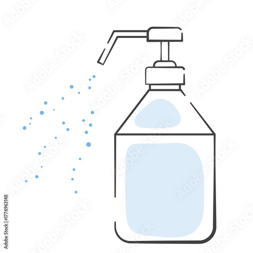 シンプルなアルコールスプレーボトルのイラスト　霧状の消毒液が出ているところ