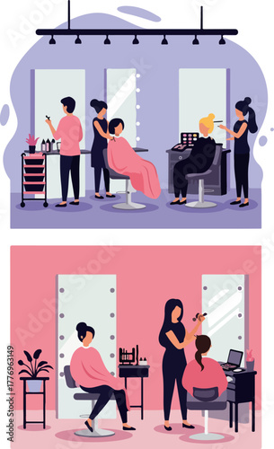 Hair Salon Scene with Stylists Cutting and Styling Client Hair in Modern Style