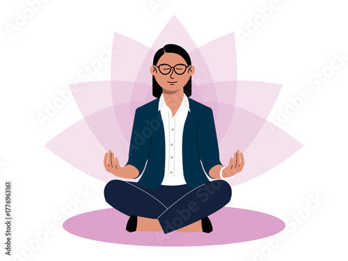 Female workers in office uniform is doing mediation. Meditation vector illustration. Flat illustration concept.