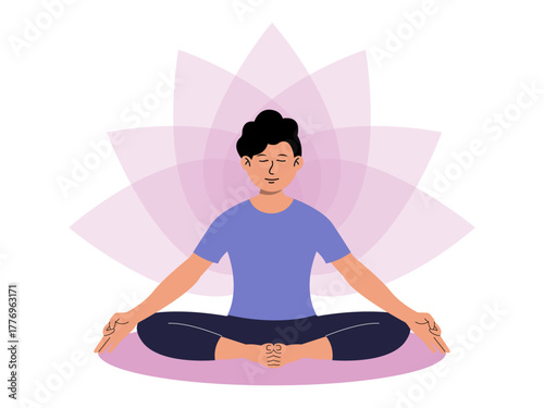 Young boy meditating in lotus position yoga asana. Meditation vector illustration. Flat illustration concept.