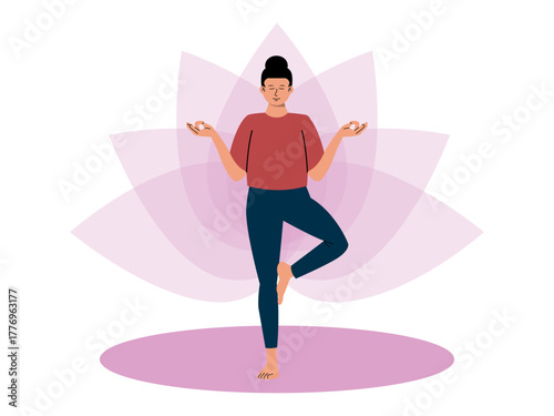 Young woman doing yoga, standing in a one leg raise pose. Meditation vector illustration. Flat illustration concept.