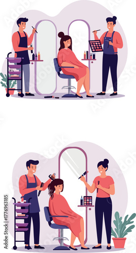 Hair Salon Scene Minimalist Flat Illustration Soft Purple Tones Haircut