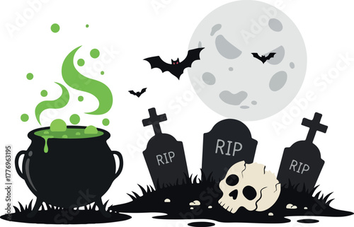 Halloween Cauldron With Green Bubbles And Graveyard Under Full Moon
