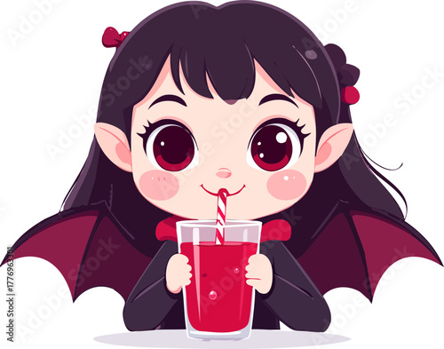 Cute anime vampire girl with bat wings drinking a red beverage from a glass with a straw.