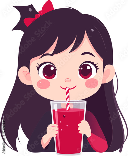 Adorable cartoon girl with long dark hair enjoying a refreshing red drink.