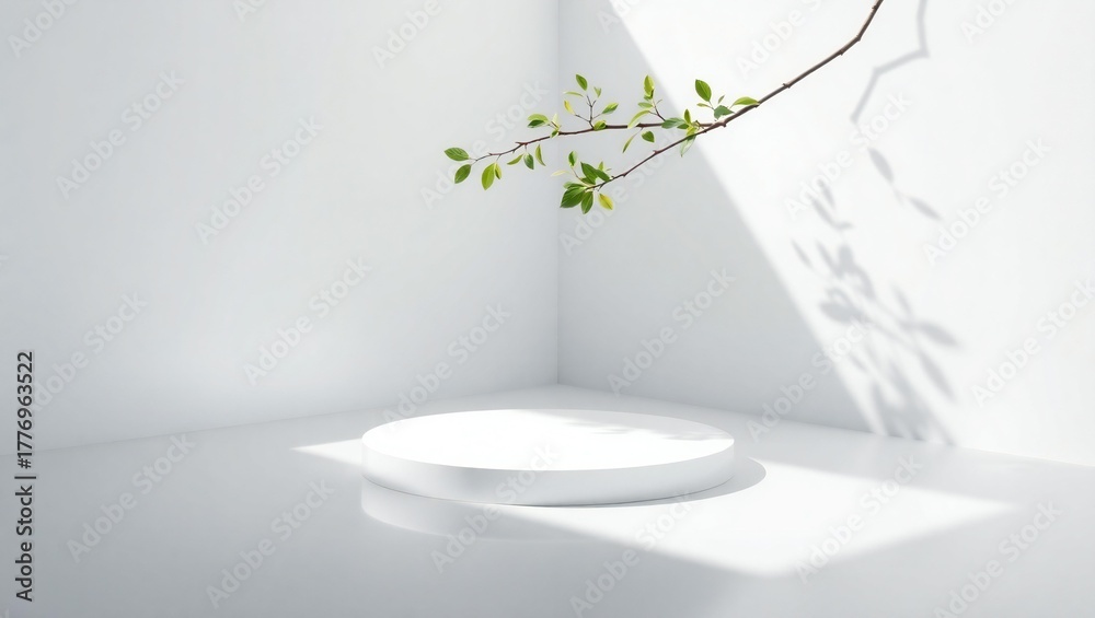 Obraz premium Minimalist white podium with natural light and delicate branch overhead