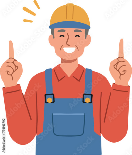Happy Builder Man Pointing Up Yellow Hard Hat Blue Overalls Flat Illustration