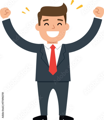 Happy Businessman Celebrating Success in Flat Design Style