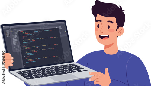 Happy Coder Man With Laptop Shows Code Screen Flat Design