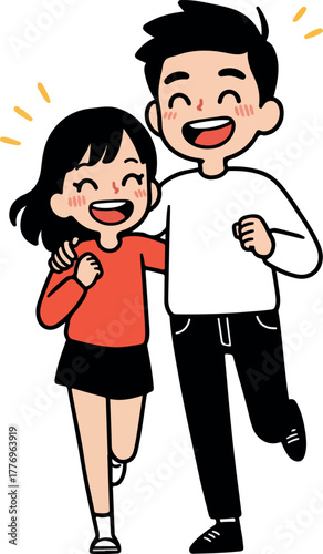 Happy Couple Walking Together Smiling Brightly With Arms Around Each Other