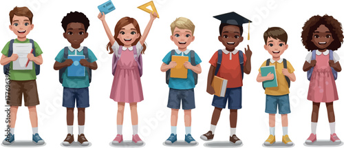 Happy Diverse School Kids Ready For Learning With Books and Backpacks