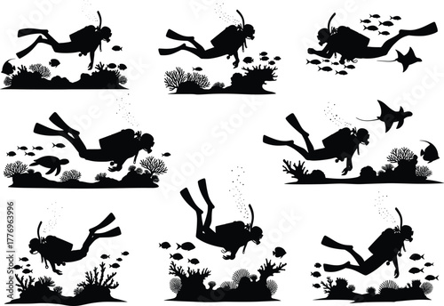 Underwater scuba diving vector illustration showing divers exploring coral reefs with tropical fish, marine life, sea plants, and ocean adventure concept.