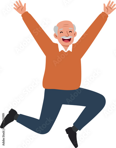 Happy Elderly Man Jumping with Joy Orange Sweater Blue Jeans