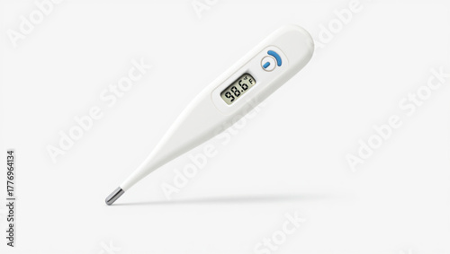 Digital thermometer displaying a normal temperature on a white background
